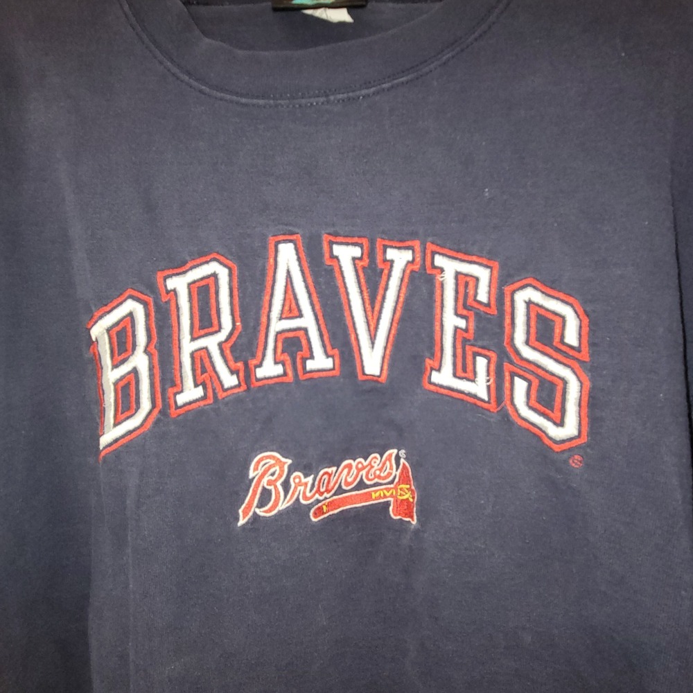 Vintage Logo Athletic Atlanta Braves T-Shirt Navy Blue Embroidered Mens Large